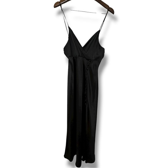 304 ZARA | NWOT Black Satin Slip Dress Button Front Midi Evening Dress (Size L) - Picture 3 of 15